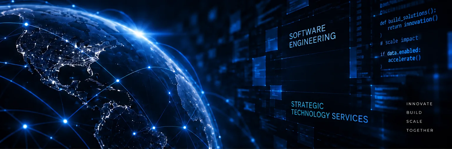 A glowing globe of connected network nodes beside the words: Software engineering, strategic technology services. Innovate, build, scale, together.