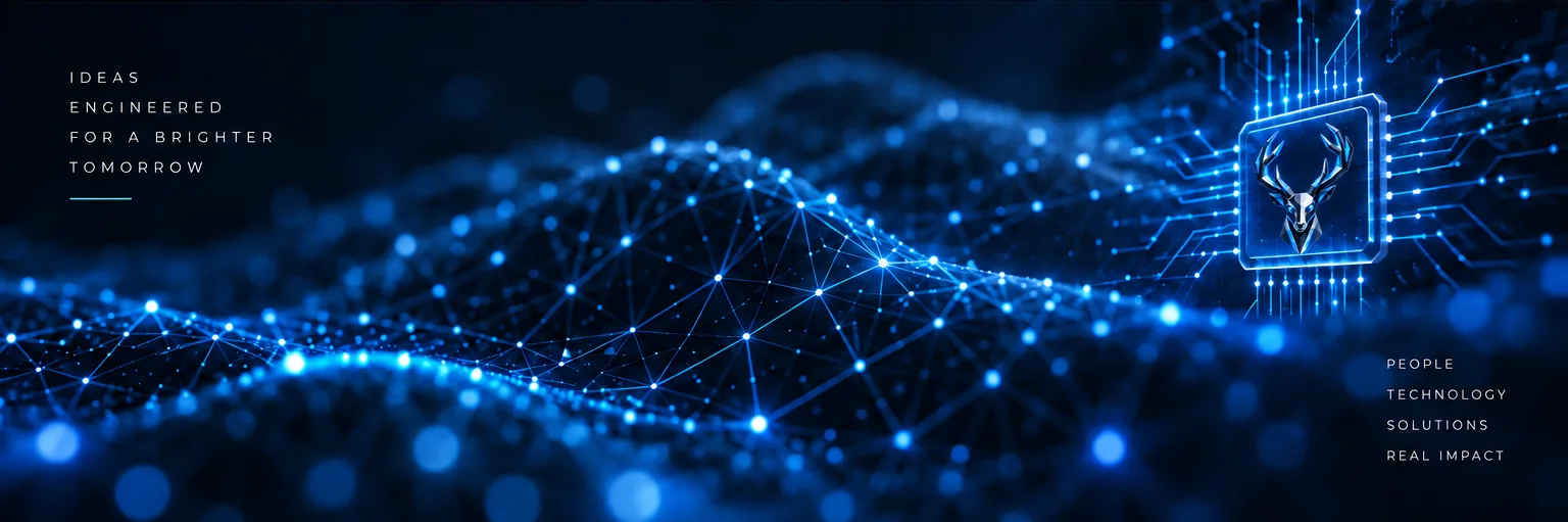 A glowing blue network mesh and a chrome stag inside a microchip frame, with the words: Ideas engineered for a brighter tomorrow. People, technology, solutions, real impact.